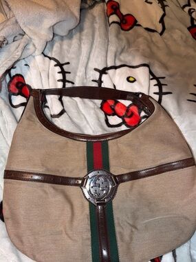 Gucci Beige Canvas Hobo with Brown Leather Trim and Green-Red Stripe